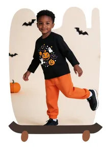 Boys Halloween cotton long sleeve sweatshirt and orange sweatpants outfit set for autumn.