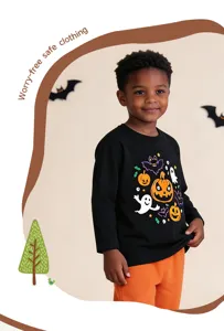 Boys Halloween long sleeve t-shirt, cute ghost and pumpkin graphic print cotton top.