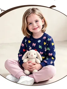 Gros plan détail du sweat-shirt bleu pour filles avec de jolies impressions de nœuds et cœurs.