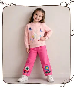 Kinderen schattig geborduurd konijn sweatshirt en bloemige rechte broek herfst outfit set.