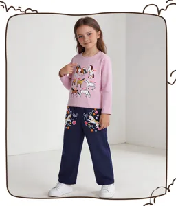Kinder Herbst Langarm Shirt und bestickte Hose Set mit süßen Einhorn Motiven für Mädchen.