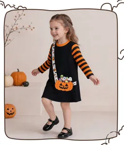 Detailed view of the autumn kids Halloween long sleeve knit dress with cute pumpkin print.