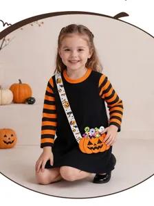 Halloween long sleeve girls dress with pumpkin bag cute kids black orange striped outfit detail