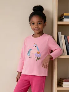 Mädchen Mode Baumwolle Langarm T-Shirt Pullover Rundhalsausschnitt Top Kinder Tier Cartoon Einhorn Blumen Applikationsstickerei Tee Für Herbst