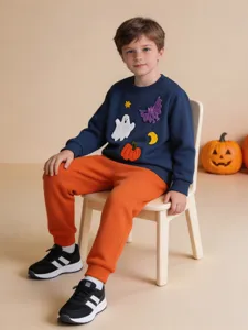 Παιδικό σετ φούτερ Halloween αγοριού πλεκτό πουλόβερ και πορτοκαλί παντελόνι