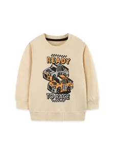 Felpa beige a maniche lunghe da ragazzo con stampa di auto da corsa, pullover di cotone.