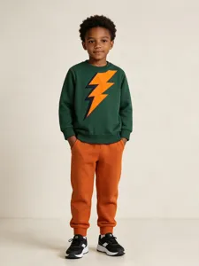 Boys autumn cotton sweatshirt set with bold lightning print, casual crewneck sports outfit.