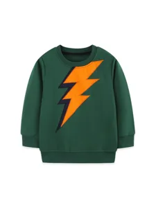Kids green long sleeve sweatshirt with orange lightning bolt graphic, casual pullover top