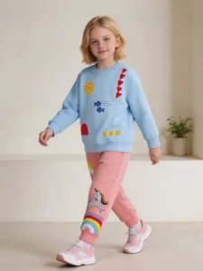 Girls Casual Long Sleeve Sweatshirt Pants Set Kids Cartoon Unicorn Patch Cotton Top And Bottom Clothes Outfit