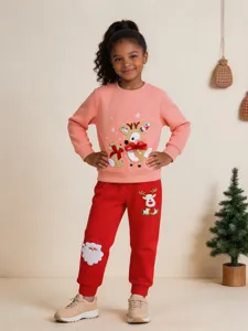 Girls Christmas Cotton Top And Bottom Set Reindeer Santa Claus Applique Sweatshirt Cargo Pants Festive Clothing For Kids