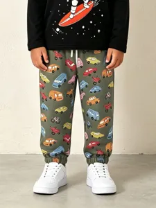 Boys Cartoon Car Print Casual Pants Euro Style Knit Cotton Kids Sweatpants Drawstring Elastic Waist Sport Pants