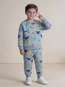 Set felpa e pantaloni con stampa dinosauri per bambini, comodo completo grigio da ragazzo.