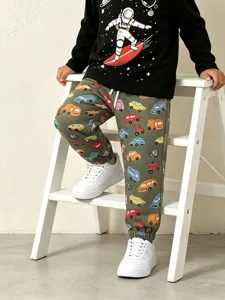 Boys cartoon car print knit sweatpants, comfortable casual trousers for toddlers and kids.