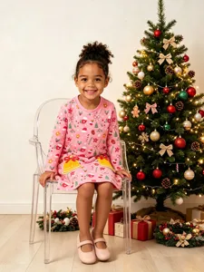 Vestido de princesa rosa de algodón tejido de Navidad para niñas con bonitos estampados.