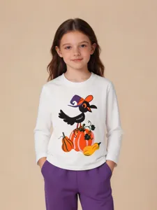 Girls Casual Cotton Long Sleeve Top Western Style Halloween Print Crew Neck Pullover Kids T-Shirt Soft Breathable Tee Comfort Clothing