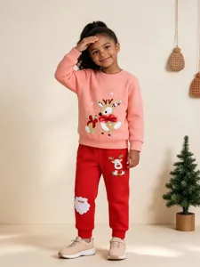 Cute girls Christmas cartoon patch crewneck sweatshirt and sweatpants set autumn wear