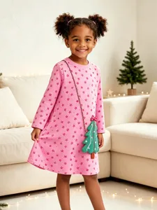 Abito Natalizio in Cotone da Ragazza Abiti da Principessa a Maniche Lunghe Rosa con Stampa di Stelle Girocollo Vestiti Patchwork Completo per le Vacanze