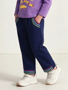 Euro-Amerikanischer Stil Baumwolle Bestickt Kinder Gerade Hose Niedliche Stern Herz Patchwork Dunkelblau Mädchen Hose Lässige Alltagshose