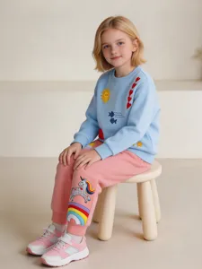 Girls long sleeve sweatshirt sweatpants set cute unicorn embroidery knitted cotton autumn new