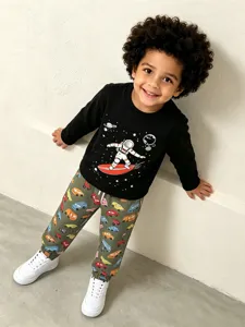 Boys cute car print casual pants with black astronaut sweatshirt, knitted cotton toddler wear.