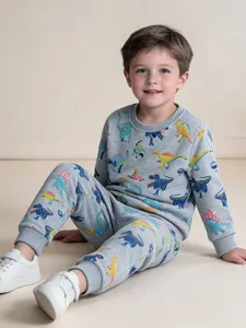 Set felpa e pantaloni con stampa dinosauro simpatico ragazzo vestito casual per bambini grigio