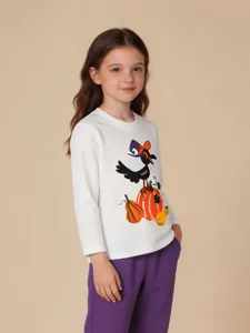 Cute girls long sleeve t-shirt featuring fun halloween pumpkin and bird print for kids.