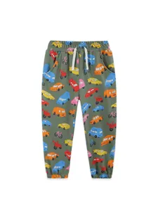 Cartoon car print boys sweatpants, comfortable knitted cotton casual long pants with elastic waist.