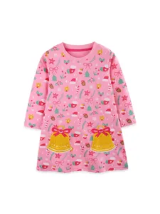 Bonito Vestido de Niña Navidad Manga Larga de Algodón Rosa con Bolsillos de Campana