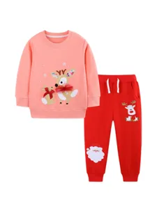 Girls Christmas Cartoon Patch Sweatshirt Pants Set Autumn Kids Crewneck Sportswear