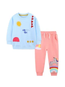 Autumn girls long sleeve sweatshirt sweatpants set cute unicorn patch toddler clothing 2pc