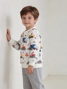 Sweat-shirt d'automne pour garçon avec camions de chantier, pull col rond décontracté.