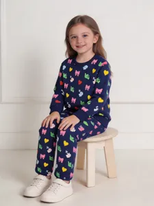Kids autumn cute printed sweatshirt and pants matching set, casual toddler sportswear outfit.