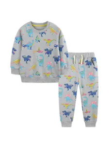 Completo felpa grigia con dinosauri per bambini, maglia manica lunga e pantaloni elastici
