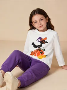 Girls Halloween long-sleeve crewneck T-shirt and purple sweatpants outfit set main view.