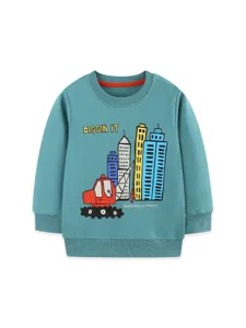 Jongens katoenen trui met lange mouwen en een stoere stad en bouwtruck grafische print.