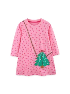 Bellissimo abito rosa a maniche lunghe per bambine con applicazione albero di Natale chic.