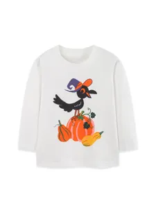 Cute girls long sleeve t-shirt with halloween bird pumpkin graphic casual round neck top