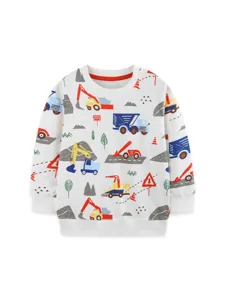 Sweatshirt manches longues pour enfant motif camions de chantier blanc casse vue principale