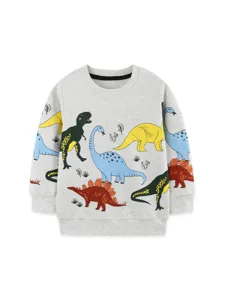 Grijs kindersweatshirt met dinosaurustekening, schattige lange mouwen trui voor de herfst.