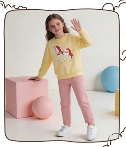 Girls yellow cartoon unicorn embroidered long sleeve crewneck sweatshirt casual daily wear.