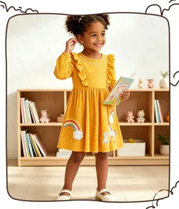 Süßes gelbes Mädchen Langarm Kleid mit Regenbogen Einhorn Stickerei und Rüschen für Kinder.