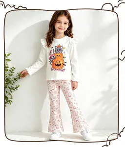 Girls autumn long sleeve t-shirt and cute strawberry flare pants set for kids daily wear.