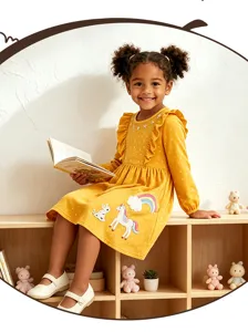 Herbst Kinder Langarm Kleid süße Einhorn Stickerei Kleinkind Prinzessin Detailansicht