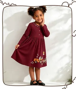 Jolie robe manches longues pour petite fille bordeaux automne broderie florale vetement enfant
