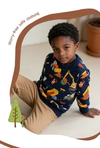 Boys autumn crewneck sweatshirt with fun excavator and car print, comfortable casual pullover.