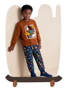 Kids dinosaur print sweatshirt and jogger pants set, cute cartoon applique casual outfits.