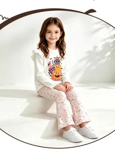 Cute toddler girls long sleeve top and flare trousers set with sweet strawberry print outfit.