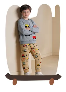 Boys autumn outfit featuring a grey sweatshirt and khaki joggers with fun car prints.
