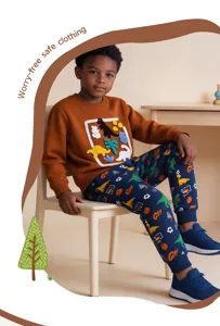 Boys cute dinosaur print sweatshirt and jogger pants set, comfortable casual autumn kids clothing.