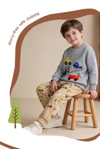 Boys autumn sweatshirt and pants set with cute car embroidery and fun vehicle print design.
